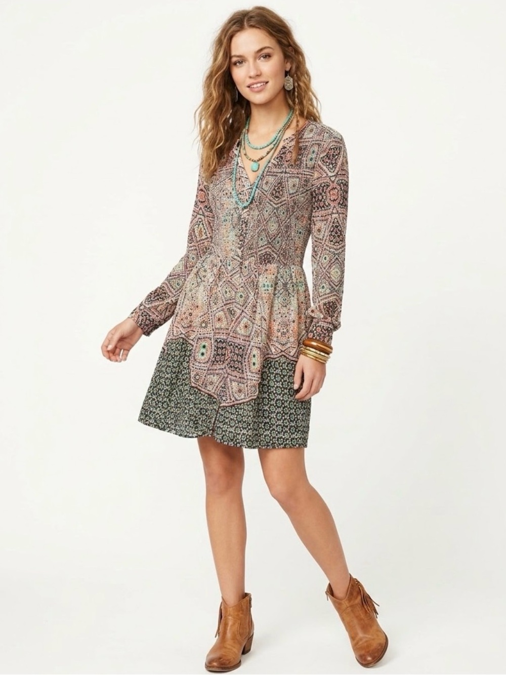 Maeve Anthropologie Bohemian Tiled Amethyst Long Sleeve Mini Dress - Pink/Green